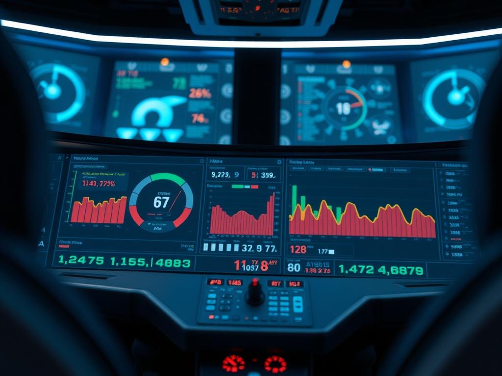 A close-up shot of a futuristic dashboard displaying real-time telemetry data for autonomous aviation, emphasizing transparency and ethics. The dashboard should feature colorful graphs and safety metrics, surrounded by a sleek, modern control room environment. The background should be softly blurred to focus on the dashboard, captured in hyper-realistic detail with a 45mm f/1.2 lens.