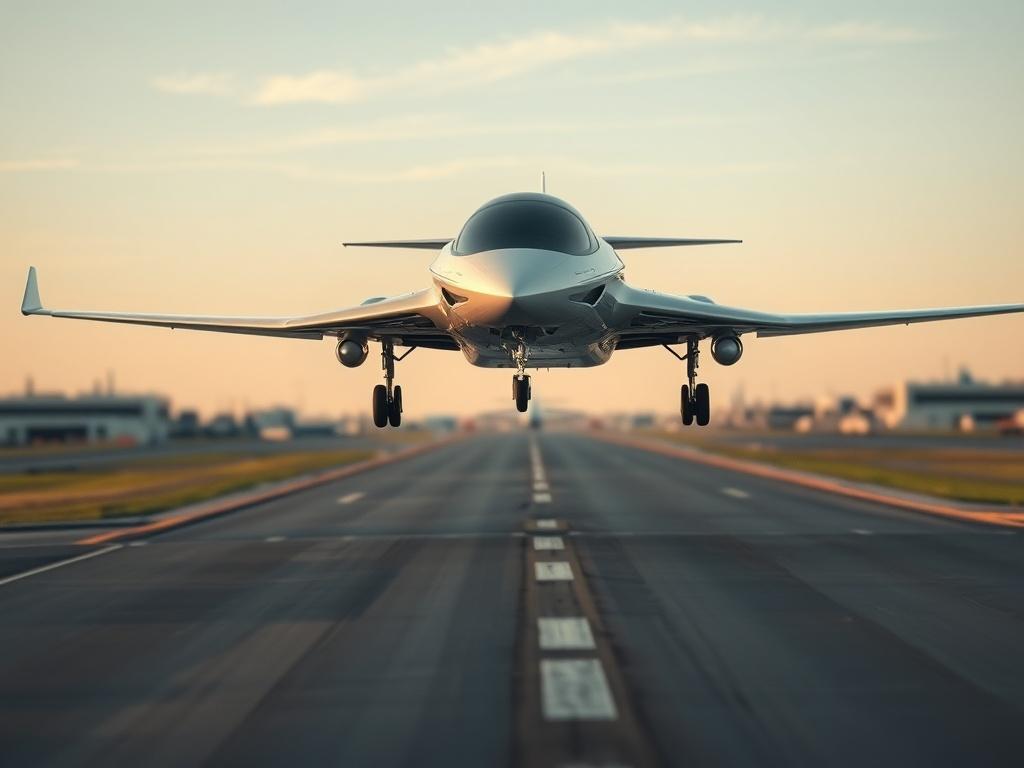 A hyper-realistic close-up shot of a futuristic aircraft in the process of takeoff, highlighting the Digital Ground Effect technology in action. The background should include a clear sky and airport runway, with an emphasis on the aircraft's innovative design. The image should capture the essence of modern aviation, shot with a 45mm f/1.2 lens.
