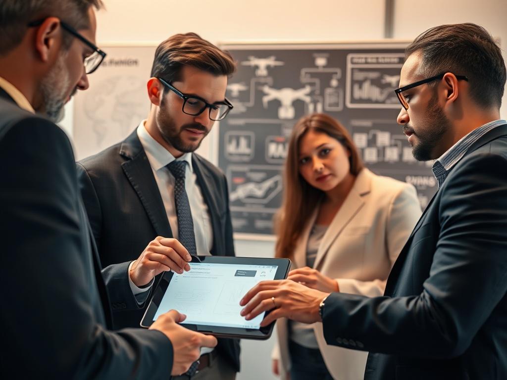A close-up shot of a team of professionals discussing over a digital tablet, with flowcharts and diagrams related to autonomous aviation challenges in the background. The setting should be modern and professional, with warm lighting to convey a collaborative atmosphere.