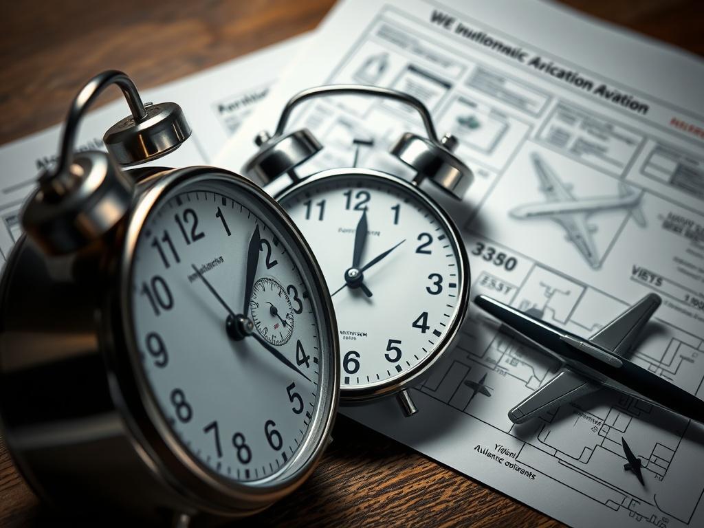 A close-up shot of a ticking clock juxtaposed with regulatory documents and aviation blueprints, symbolizing the urgency of addressing autonomous aviation needs. The image should convey a sense of time running out, with a professional yet urgent atmosphere.