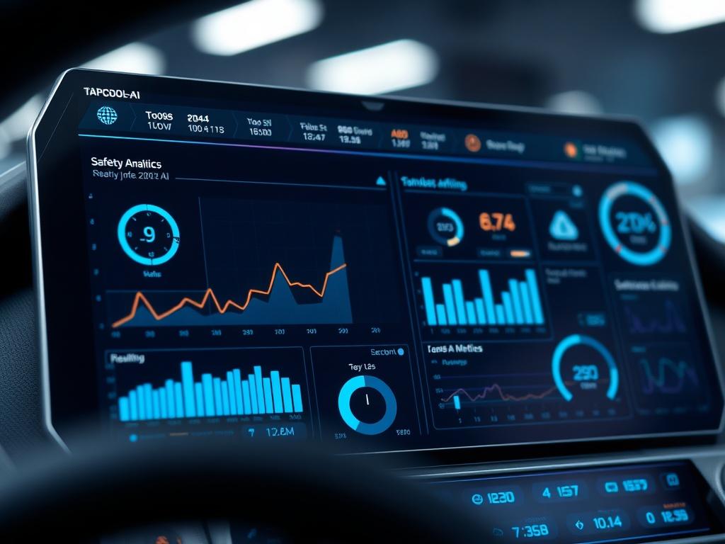 A hyper-realistic close-up of a digital dashboard displaying the TAPCSDOL-AI interface, showing real-time data analytics and safety metrics. The background should be subtly blurred to emphasize the dashboard, with a futuristic and sleek design.