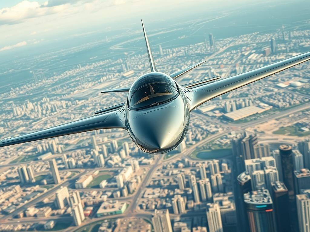 A close-up shot of a futuristic aircraft flying over a city skyline, showcasing the Digital Ground Effect System in action. The aircraft should be sleek, with a focus on its innovative design, while the city below reflects a vibrant and sustainable environment.