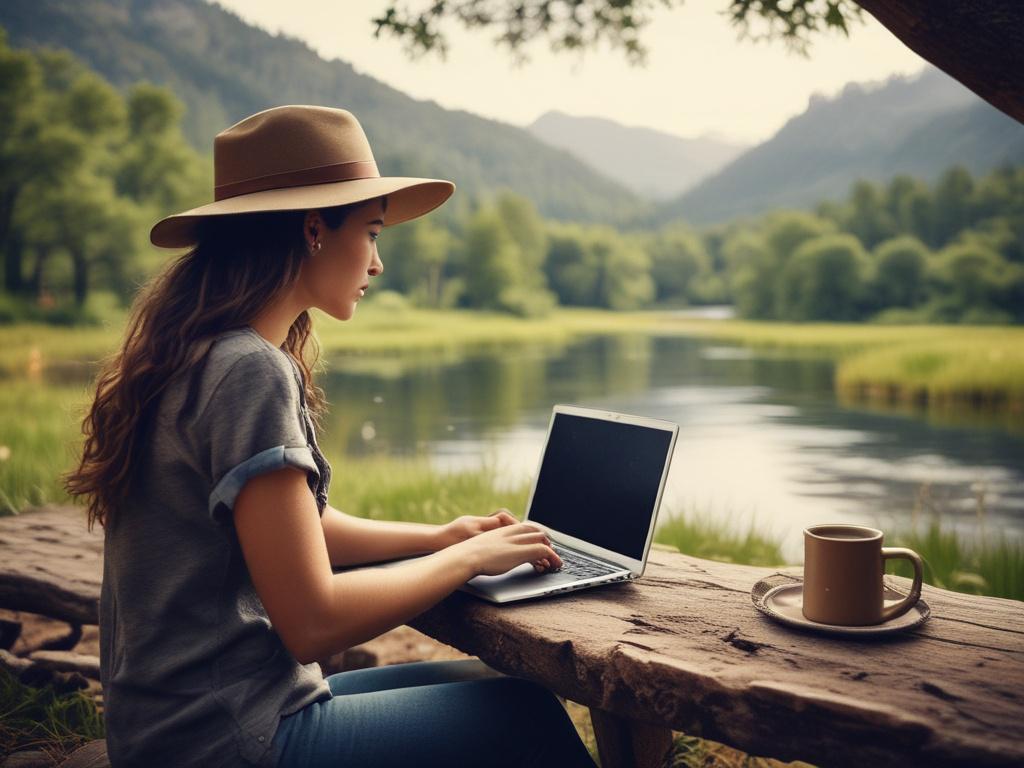 a travel blogger using a laptop in a rustic outdoor setting, surrounded by nature, with a serene landscape in the background, capturing the essence of travel and adventure
