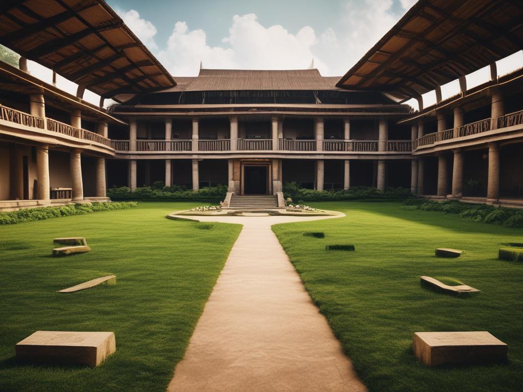 a realistic high-resolution image of the National Museum in Ile-Ife, showcasing the museum's entrance with traditional architectural style, surrounded by lush greenery, and an inviting pathway leading to the museum, natural lighting emphasizing earthy textures and rustic aesthetic.