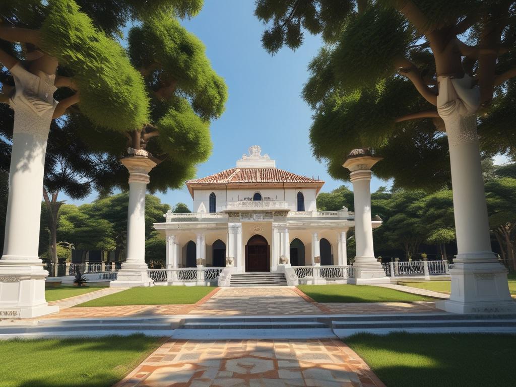 A high-resolution photo of the Ooni of Ife Palace, showcasing its majestic architecture, surrounded by lush greenery, with a clear blue sky in the background. The image should capture the essence of heritage and tradition, featuring earthy tones and a rustic aesthetic.