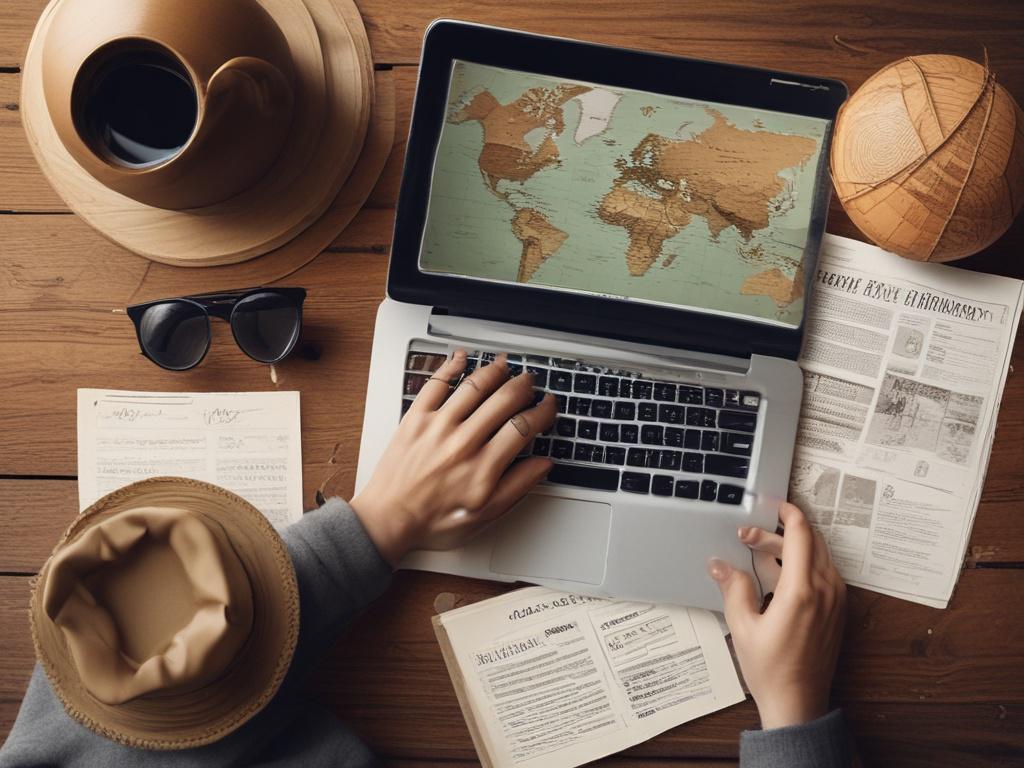 A person using a laptop to book travel online, sitting at a rustic wooden desk, surrounded by travel brochures and a globe, warm natural lighting, earthy textures, simple and clear composition.
