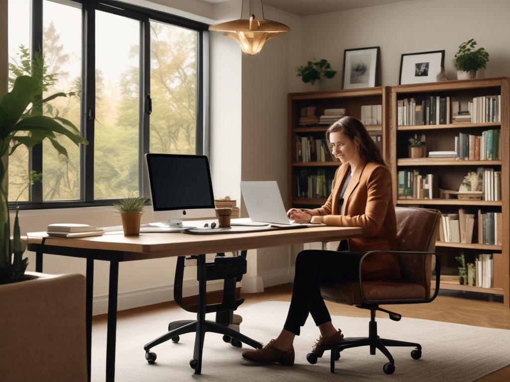 A professional and welcoming office environment with a friendly visa consultant assisting a client. The consultant is seated at a desk with a laptop open, while the client looks engaged and optimistic. The background features warm, earthy tones with natural textures, creating a grounded and rustic aesthetic.