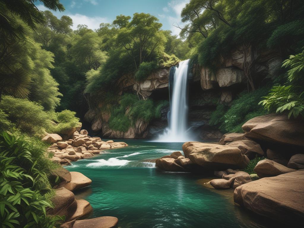 a stunning waterfall cascading down rocks, surrounded by lush greenery, with a clear blue swimming area at the base, highlighted by natural sunlight filtering through the trees, capturing the essence of tranquility and adventure in a serene landscape