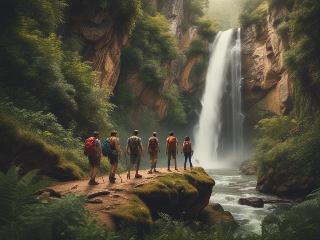 A group of friends hiking on a scenic trail, surrounded