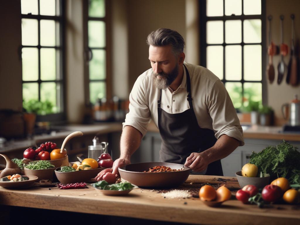A local chef demonstrating cooking techniques in a rustic kitchen