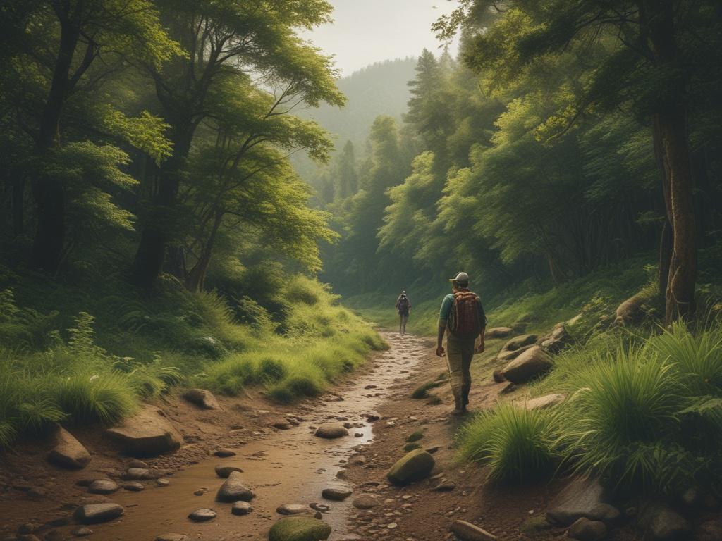 A scenic view of a lush green landscape with hikers