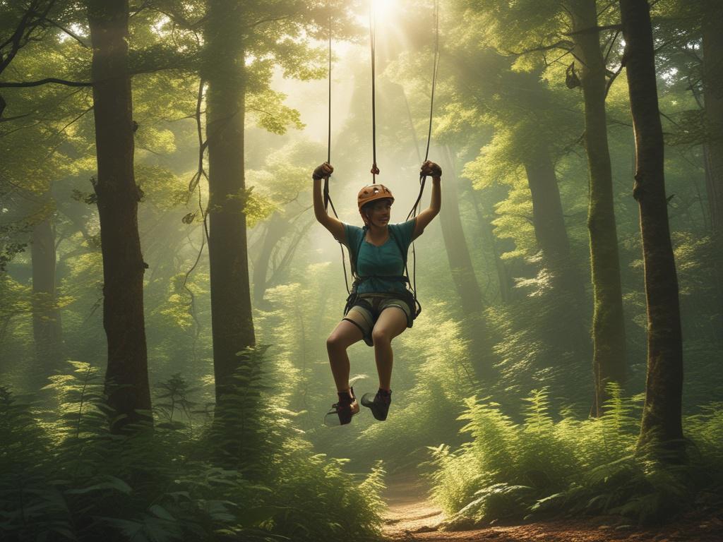 An action packed scene of a person zip lining through