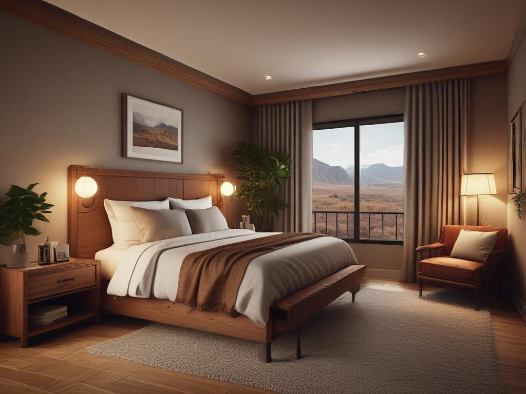 A cozy hotel room showcasing natural tones and earthy textures, featuring a comfortable bed with rustic decor, soft lighting, and a window overlooking a serene landscape. The composition should focus on the inviting atmosphere of the room, emphasizing warmth and relaxation.