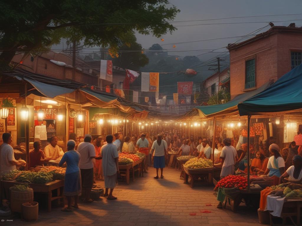 A vibrant city scene in Osun depicting bustling markets, traditional architecture, and local people interacting, with earthy tones and natural textures in the background.