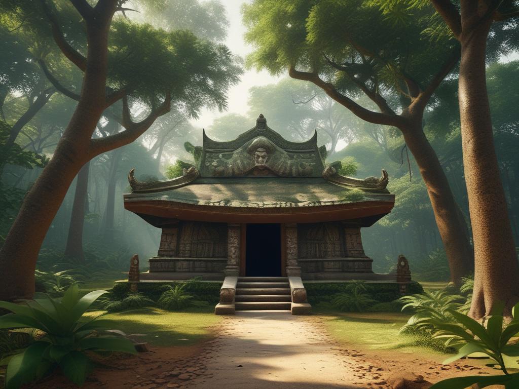 A serene view of the Osun-Osogbo Sacred Grove, showcasing lush greenery and a traditional shrine in the foreground. The scene captures the essence of spirituality with natural light filtering through the trees, creating a peaceful atmosphere. The background features earthy textures and vibrant flora, emphasizing the connection to nature.