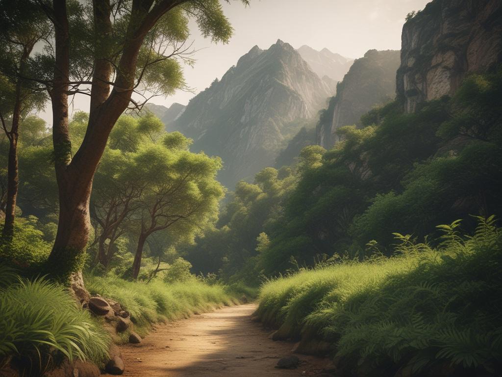 Oke Maria Prayer Mountain, serene landscape, lush greenery, single pathway leading to a tranquil prayer spot, soft natural light, rustic textures, peaceful atmosphere