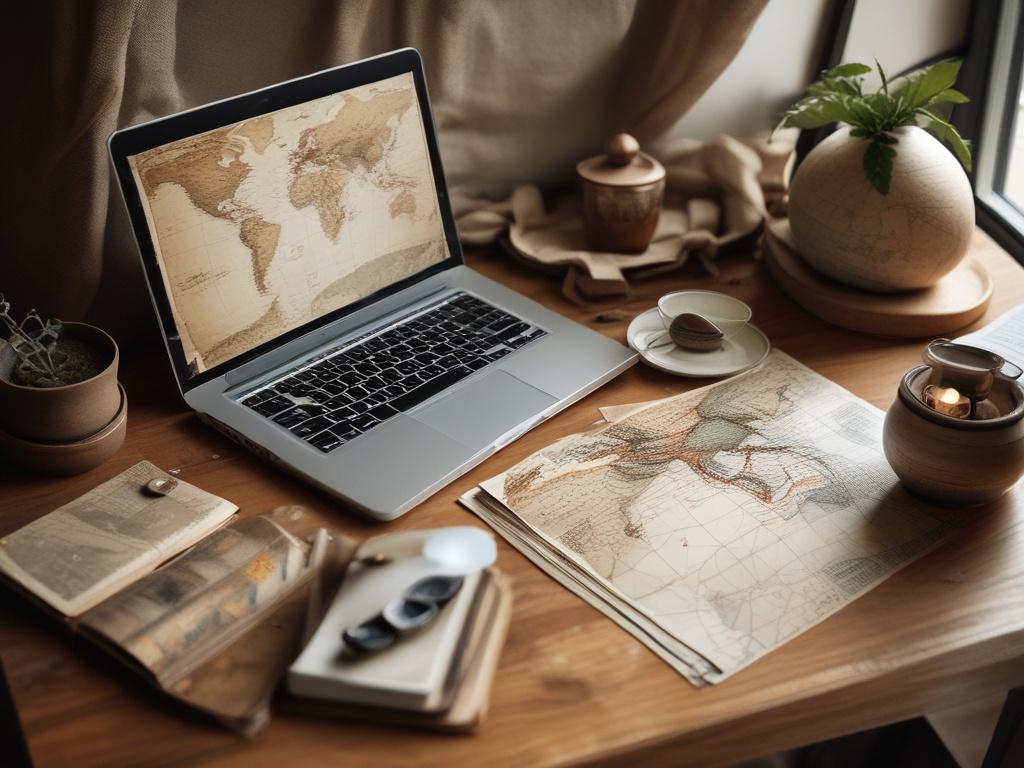 an enthusiastic travel entrepreneur with a laptop and travel brochures, sitting at a rustic wooden desk surrounded by travel maps and a globe, in a cozy, well-lit room with earthy textures and natural tones