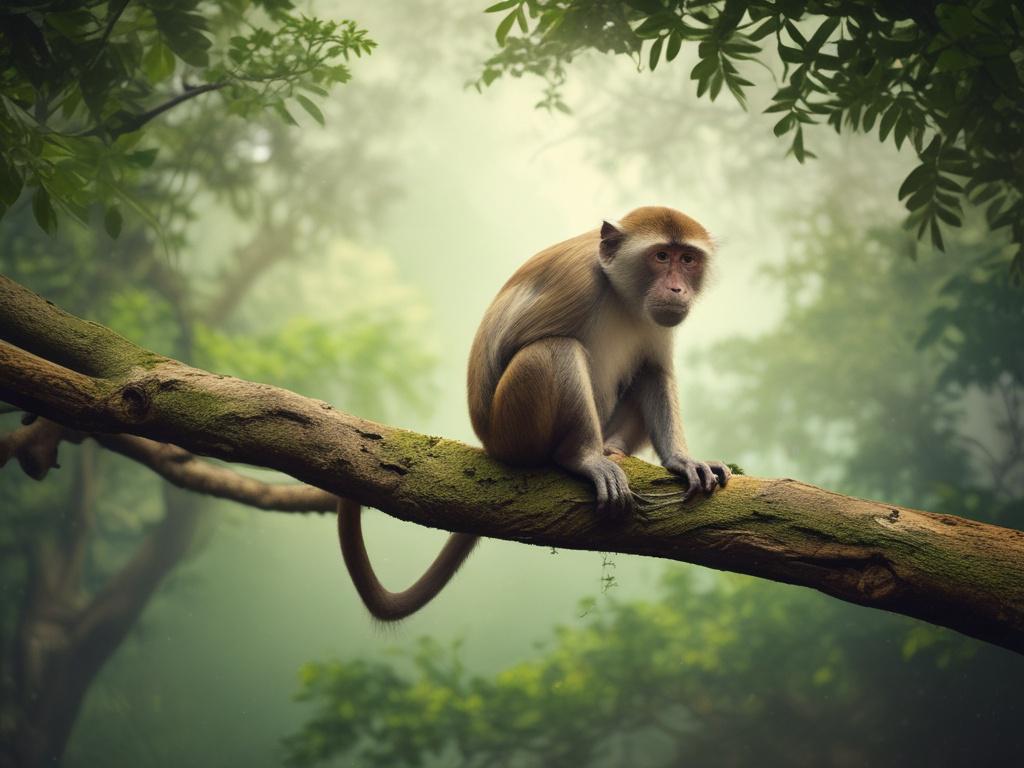 Ibodi Monkey Reserve, lush greenery, a solitary monkey perched on a tree branch, vibrant wildlife, natural habitat, serene environment, realistic high-resolution photo, earthy textures, rustic aesthetic