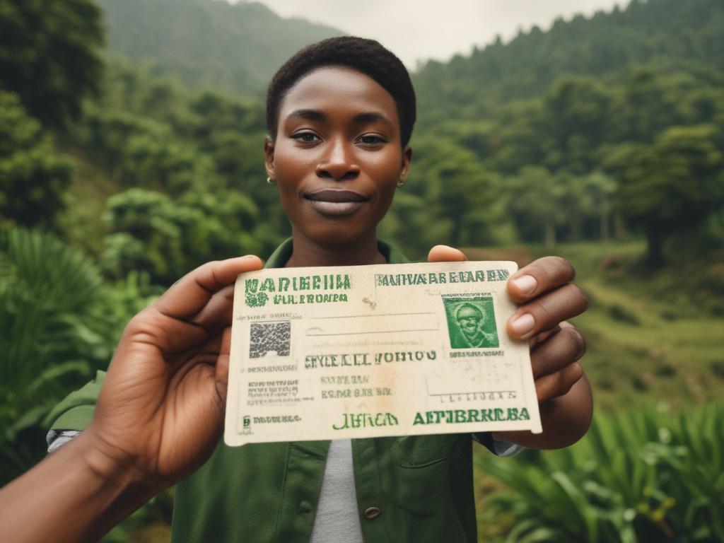 A realistic high-resolution photo of a traveler holding a Nigeria visa in hand, standing against a backdrop of lush green scenery, representing the beauty of Nigeria. The scene should be vibrant and inviting, with earthy tones and natural textures. The traveler should be smiling, exuding excitement about their upcoming journey.