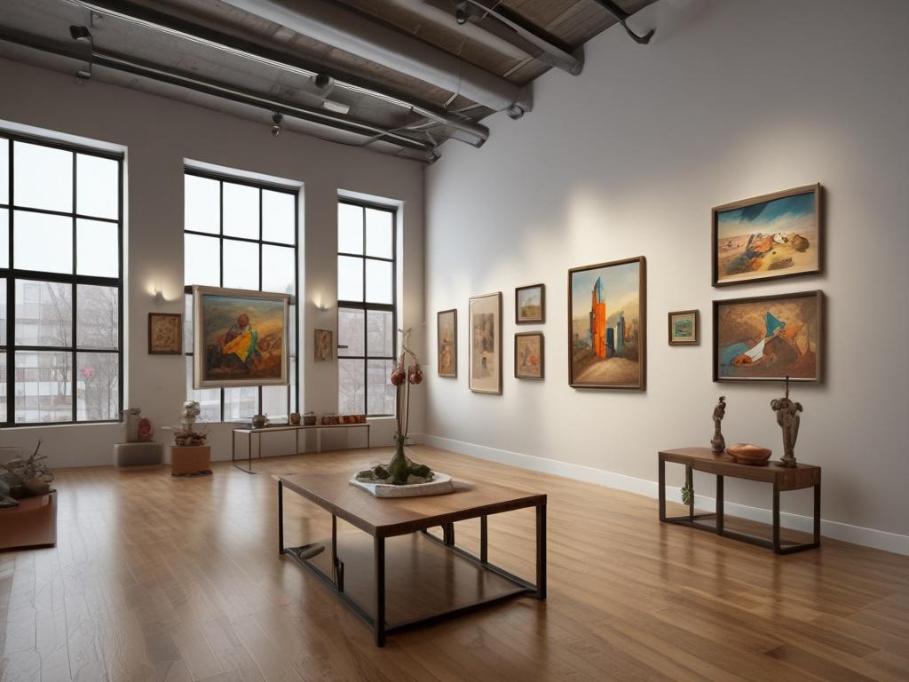 a realistic high-resolution photo of a vibrant art gallery showcasing diverse artworks, featuring colorful paintings on the walls, sculptures displayed in the center, and natural light filtering through large windows, capturing the essence of creativity and culture