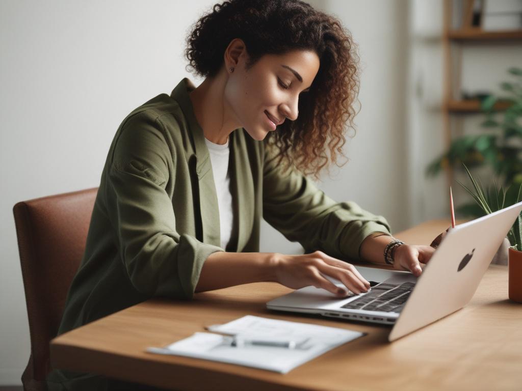 A focused image of a professional consultant assisting a traveler with online visa application on a laptop, showcasing a calm and organized workspace with earthy tones and natural textures in the background.