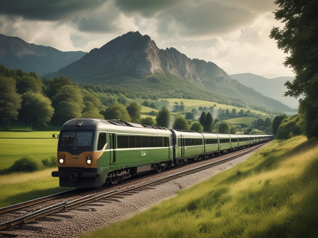 A realistic high-resolution image of a modern European train traveling through picturesque countryside, showcasing lush green fields and distant mountains in the background. The train should be the focal point, capturing the essence of travel and adventure. The composition should have natural tones and earthy textures, aligned with a rustic aesthetic.