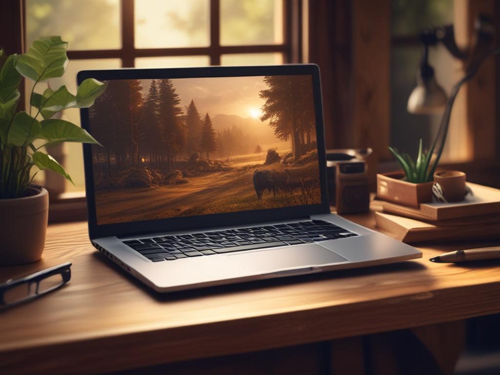 a cozy and inviting virtual learning environment, featuring a single laptop on a rustic wooden desk, surrounded by earthy textures and natural tones, with soft lighting creating a warm atmosphere