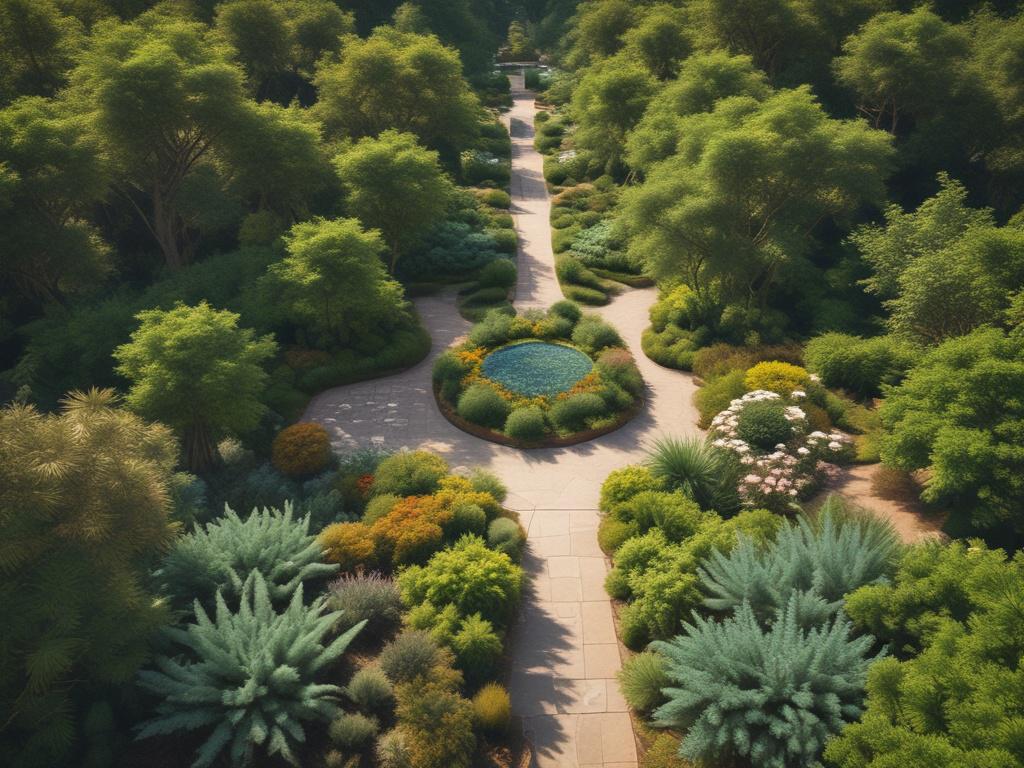 aerial view of a botanical garden with diverse plants and flowers, lush greenery, serene walking paths, natural sunlight filtering through leaves, rustic and earthy textures, clear blue sky in the background