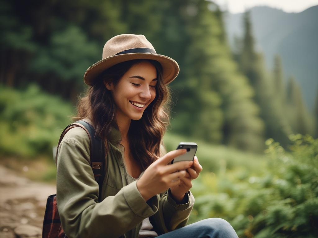 A realistic high-resolution photo of a traveler using a smartphone in a scenic outdoor location, surrounded by nature, showcasing the beauty of travel. The composition should feature the traveler smiling while checking their phone, with lush greenery and earth tones in the background, reflecting a grounded, rustic aesthetic.
