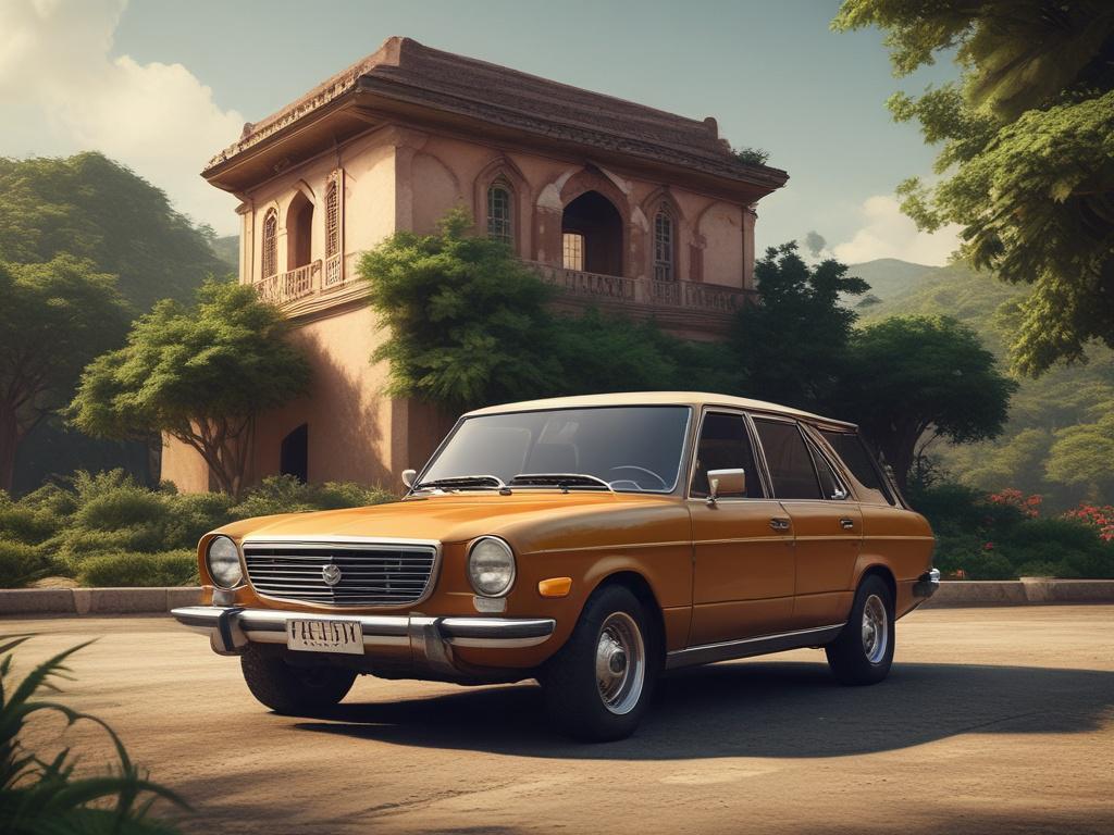 A high-quality image of a comfortable vehicle parked in front of a scenic Osun landscape, featuring lush greenery and traditional architecture in the background. The vehicle should be the focal point, showcasing its modern design and inviting atmosphere.
