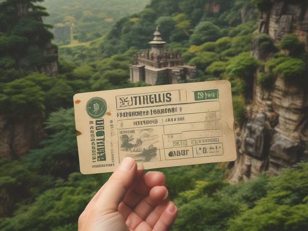 a realistic high-resolution photo of a tourist holding an attraction ticket in front of a scenic Osun landmark, showcasing lush greenery and earthy textures, with natural lighting and a rustic aesthetic background