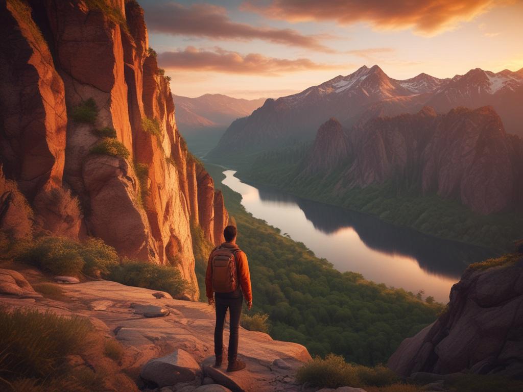 a scenic landscape featuring a serene mountain view with a vibrant sunset, a traveler standing on a cliff overlooking the valley below, natural earthy colors, soft lighting, and a rustic aesthetic