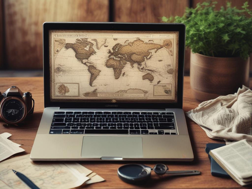 high-resolution image of a modern travel booking interface displayed on a laptop, surrounded by travel essentials like a map, camera, and passport, set on a rustic wooden table, with natural light illuminating the scene, earthy tones