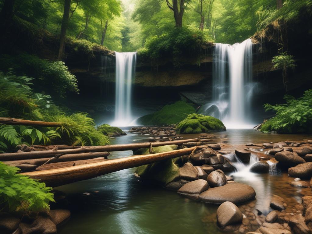 Erin-Ijesha Waterfall, lush greenery, cascading water, serene natural pool, hiking trail, rustic picnic setup, folklore storytelling atmosphere, earthy textures, vibrant nature colors
