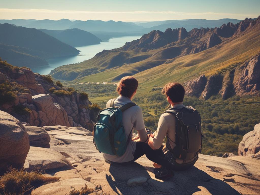 A traveler sitting on a rocky cliff overlooking a breathtaking landscape, wearing a backpack and holding a travel insurance policy, with a clear blue sky and mountains in the background.