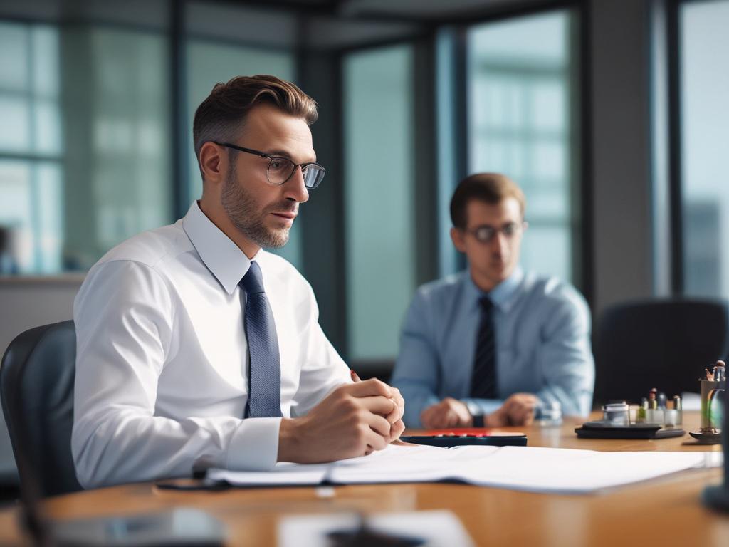 A hyper-realistic close-up shot of a professional oil and gas consultant engaged in a strategic discussion. The subject is in a modern office environment, with industry-related materials like charts and maps in the background, focusing on analytical tools. The composition is clear and sharp, captured with a 45mm f/1.2 lens style, highlighting the consultant's focused expression and the details of their workspace. The primary color theme aligns with rgb(85, 141, 151).