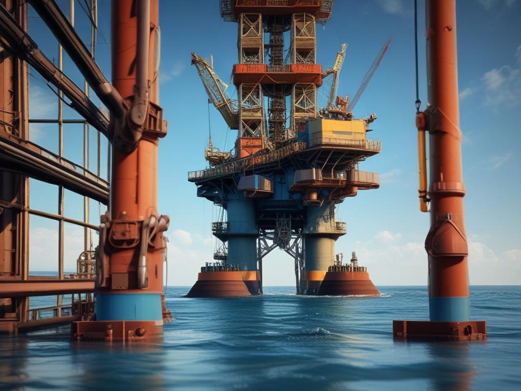 A hyper-realistic close-up shot of an oil rig under a clear blue sky, capturing the intricate details of the machinery. The photo is focused on the rig, showcasing its steel structure and surrounding environment with a shallow depth of field. The background is blurred to emphasize the rig, with a color palette that aligns with the rgb(85, 141, 151) primary color scheme.