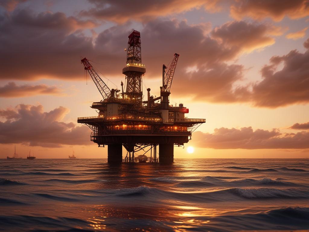 A close up shot of an oil rig at sunset,
