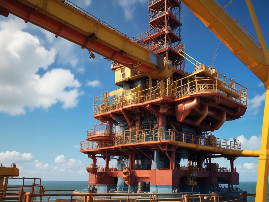 A high-resolution close-up shot of an oil rig in action, showcasing the intricate details of the machinery and equipment. The background should feature a clear blue sky and subtle hints of industrial structures, emphasizing a professional and dynamic environment. The image should have a focus on realism, captured with a 45mm f/1.2 lens style, and should align with the primary color rgb(85, 141, 151).