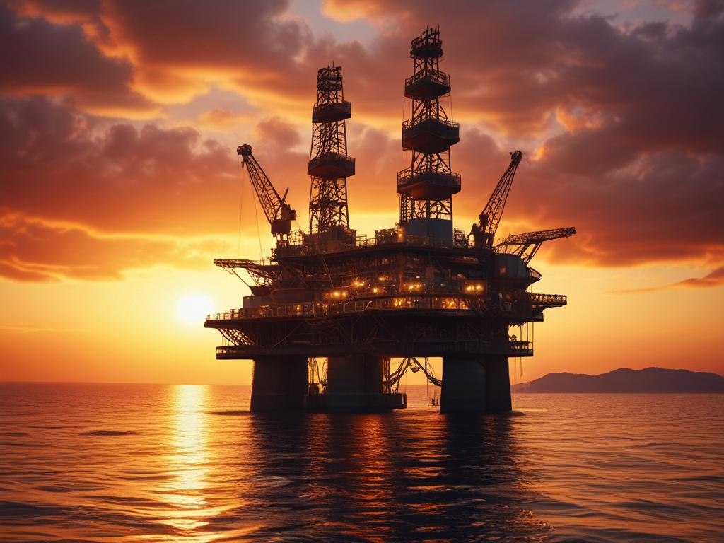 A hyper-realistic close-up shot of an oil rig at sunset, showcasing the intricate details of the machinery and the warm glow of the setting sun. The background should be a clear sky with a hint of clouds, emphasizing the scale of the rig. The image should have a focus on the rig's structure, capturing the textures and colors in vivid detail, compatible with the primary color rgb(85, 141, 151). Shot with a 45mm f/1.2 lens.