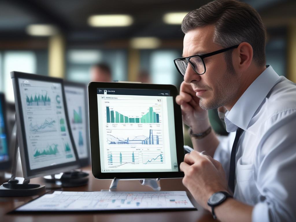 A close-up shot of a professional consultant reviewing oil and gas data on a digital tablet. The background should be an office environment with charts and graphs displayed. The scene should convey focus and expertise, with realistic lighting and colors that match rgb(85, 141, 151). The composition should highlight the consultant’s concentration while keeping the focus clear and simple.