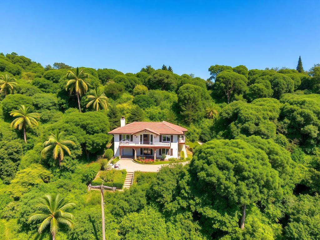 A high-resolution image depicting a drone shot of a picturesque Airbnb property surrounded by lush greenery. The composition should focus on the property’s unique layout, emphasizing its appeal. The background should have a clear blue sky, creating a vibrant contrast with the greenery and showcasing the beauty of the location.