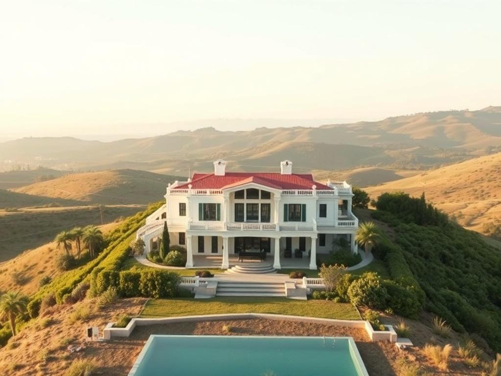 An elegant, high-resolution image of a luxurious Airbnb property viewed from a distance, with drone footage capturing the expansive landscape surrounding it. The composition should highlight the grandeur of the property against a backdrop of rolling hills or ocean views, evoking a sense of luxury and exclusivity.