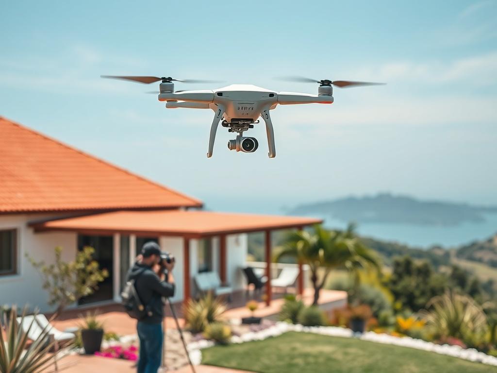 A drone flying over a picturesque Airbnb property, capturing aerial footage while a photographer takes ground shots nearby. The scene is vibrant and dynamic, showcasing the beauty of the location.