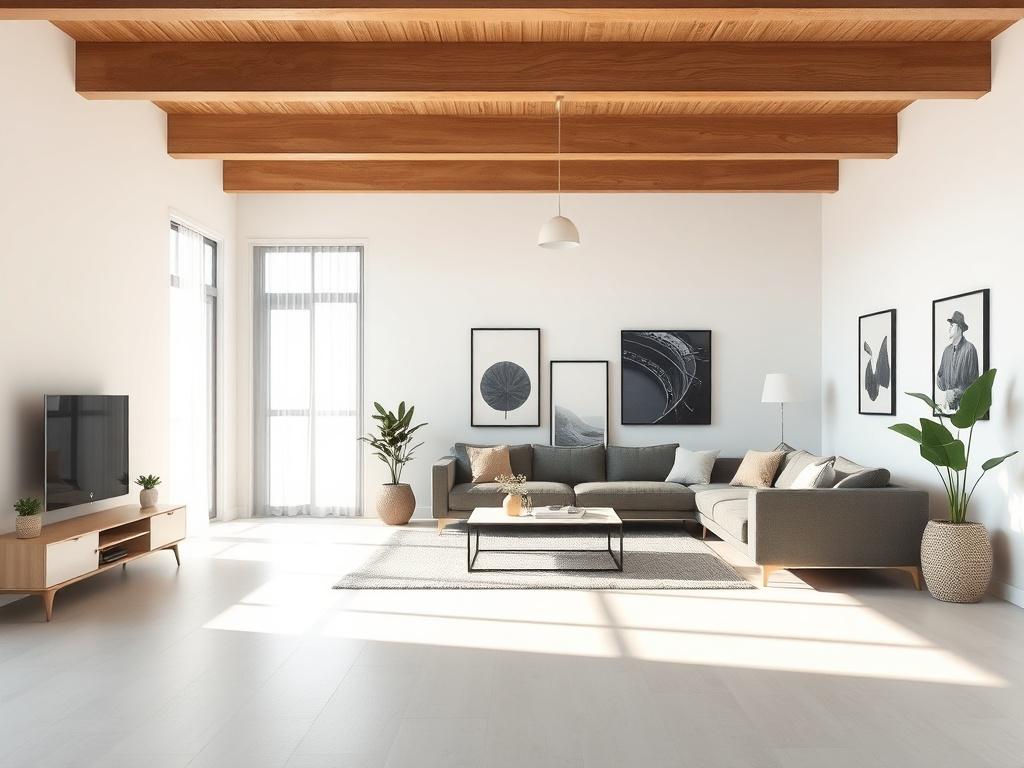 A realistic high-resolution photo showcasing a modern interior space with clean lines and minimalistic design. The focus should be on a beautifully arranged living area, emphasizing natural light and essential decor elements. The background should be simple, with soft colors that complement the primary color rgb(0, 117, 98). The composition should be clear, highlighting the essence of the space.