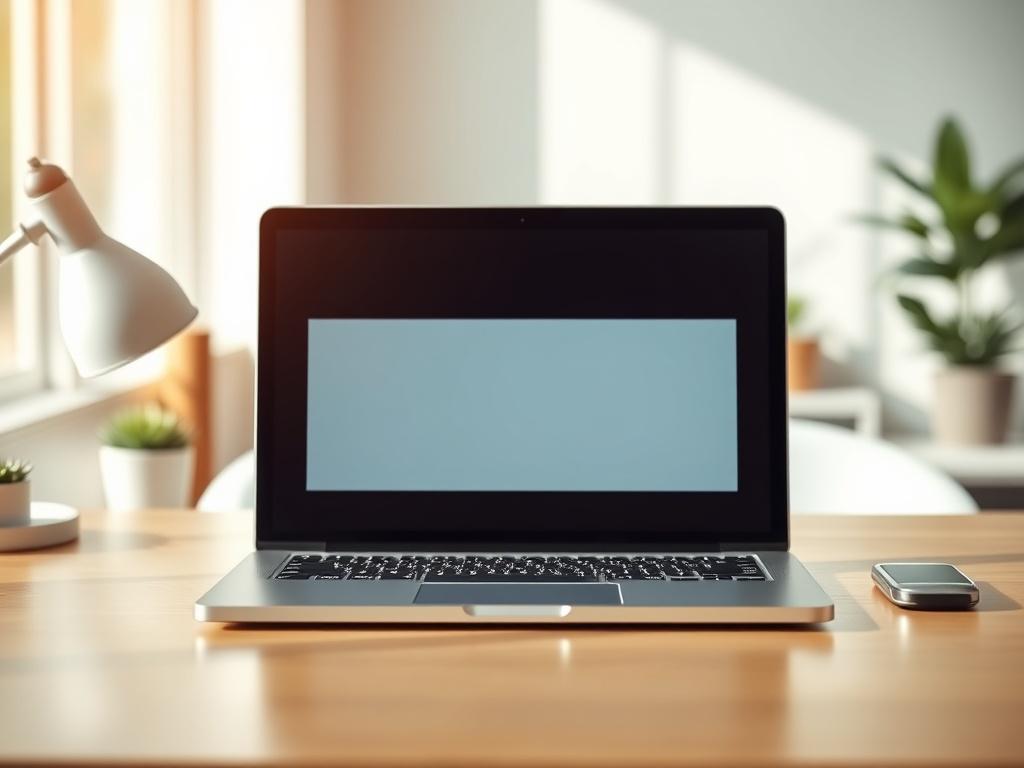 A realistic high-resolution photo of a laptop on a desk, showcasing the screen with an active video call interface but no people present. The laptop is centered in the frame, with a clean, modern desk background. Soft natural light illuminates the scene, creating a professional and inviting atmosphere. The focus is on the laptop screen, displaying a clear video call layout, emphasizing technology and communication.