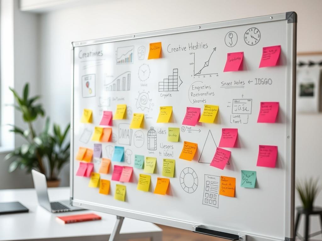 A realistic high-resolution photo of a whiteboard filled with colorful sticky notes, sketches, and diagrams representing creative ideas. The whiteboard is framed in a bright, well-lit office environment. The background includes a few plants for a touch of greenery, and a desk with a laptop and some stationery can be seen to the side. The focus is on the whiteboard, capturing the vibrant colors of the sticky notes and the clear organization of thoughts and ideas.