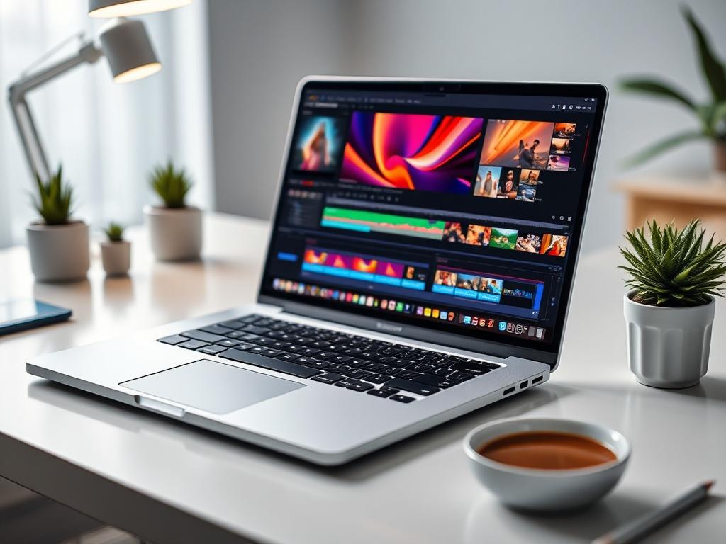 A close-up shot of a sleek laptop on a clean, modern workspace. The laptop screen displays vibrant, colorful editing software with various images and videos being edited. The background is blurred, highlighting the laptop as the main subject. The desk is minimalist, with a few artistic decorations like a small potted plant and a cup of coffee, maintaining a professional and creative atmosphere. The image should have a hyper-realistic quality, shot with a 45mm f/1.2 lens style.