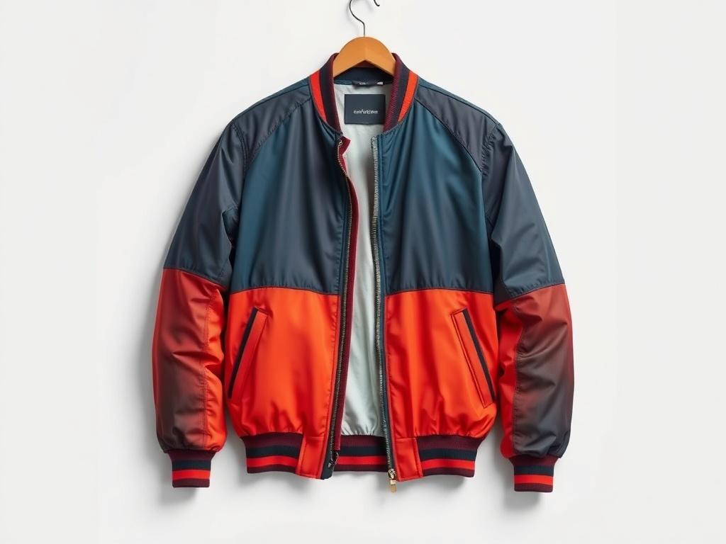 A high-resolution photo of a stylish men's jacket displayed on a clean, minimalistic background. The jacket should be the sole focus, featuring bold colors and intricate details that showcase its quality. The lighting should highlight the fabric texture, making it look inviting and trendy. The overall composition should be simple and elegant, reflecting a modern fashion aesthetic.