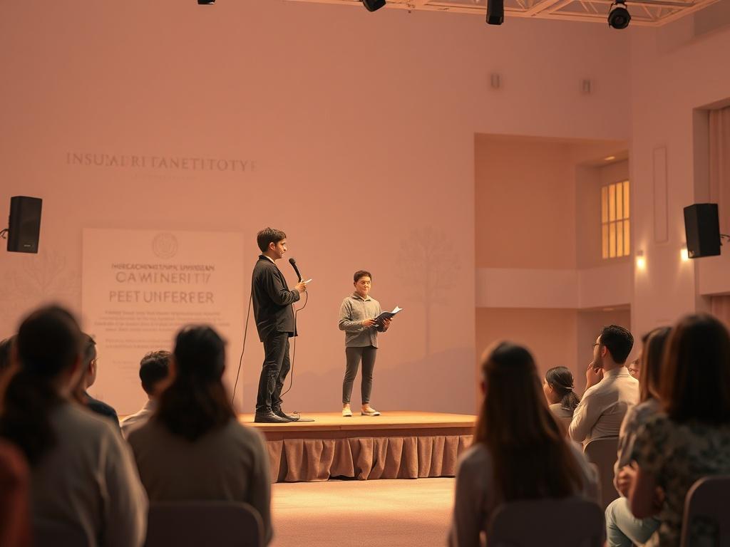 A serene setting for a poetry competition, featuring a single participant standing on a small stage, passionately reciting poetry to an engaged audience. Soft lighting casts a warm glow, enhancing the emotional ambiance. The background shows a subtle representation of a university setting, with gentle colors and a peaceful atmosphere, evoking inspiration and motivation.